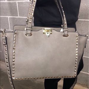 Taupe Rockstud Grained Leather Tote